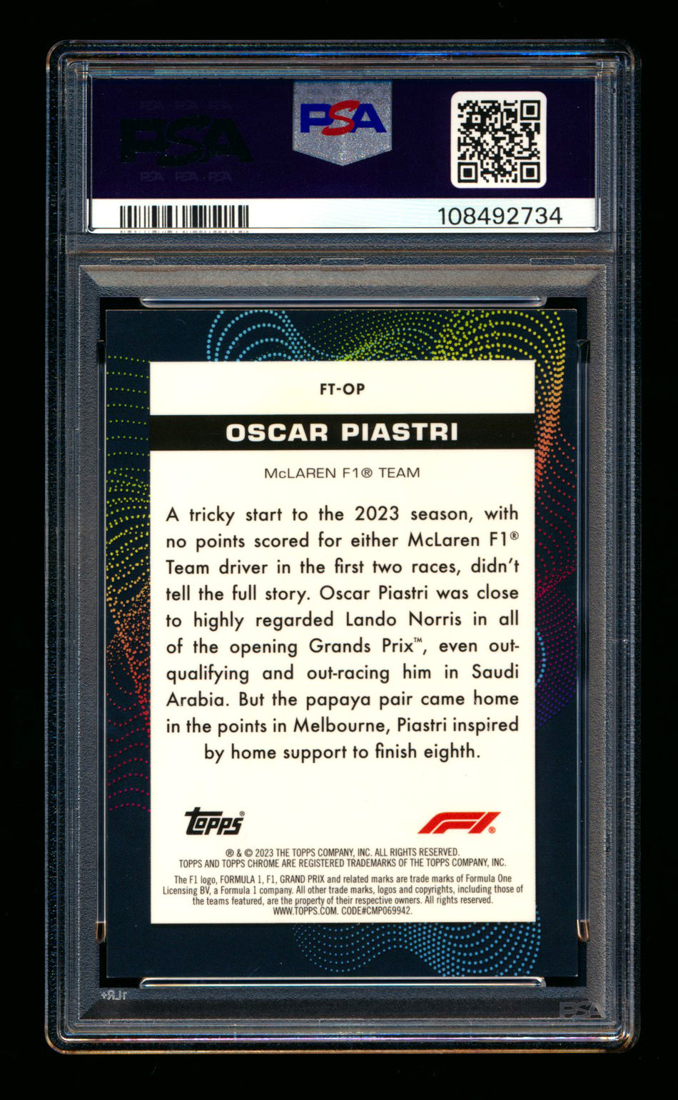 2023 Topps Chrome F1 Futuro #FT-OP Oscar Piastri RC Orange Refractor #09/25 PSA 9