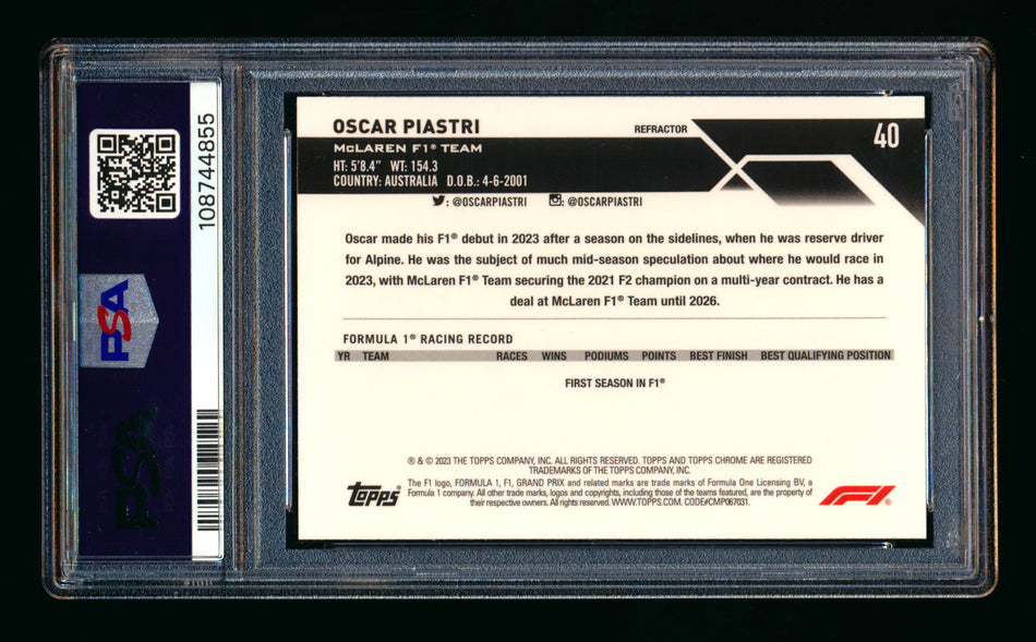 2023 Topps Chrome F1 #40 Oscar Piastri RC Refractor Portrait PSA 10