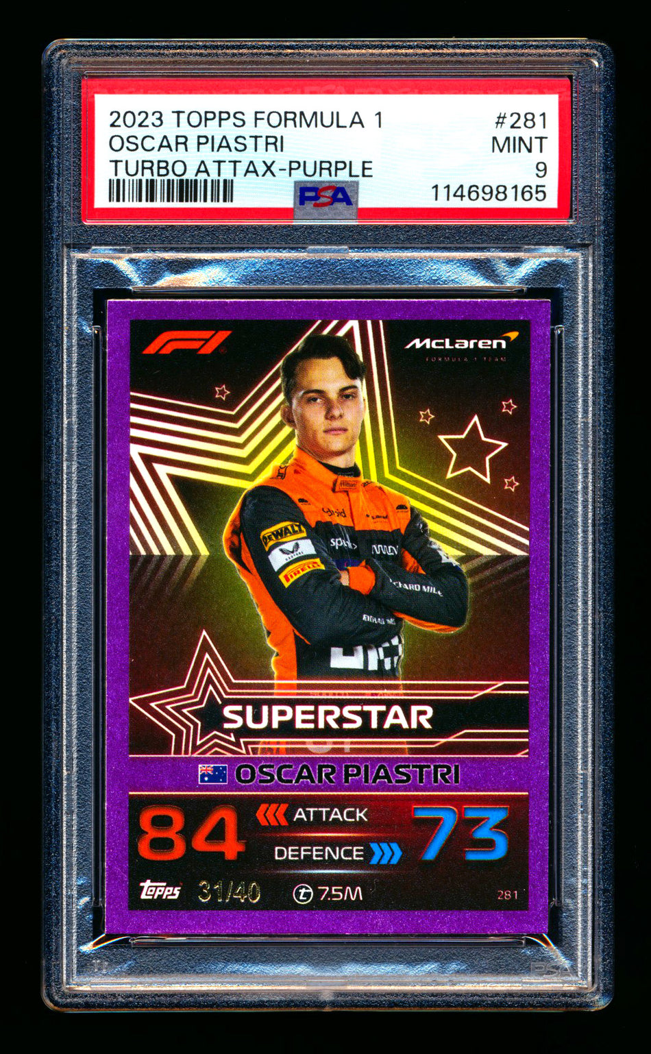 2023 Topps F1 Turbo Attax Superstar #281 Oscar Piastri RC Purple Foil #31/40 PSA 9