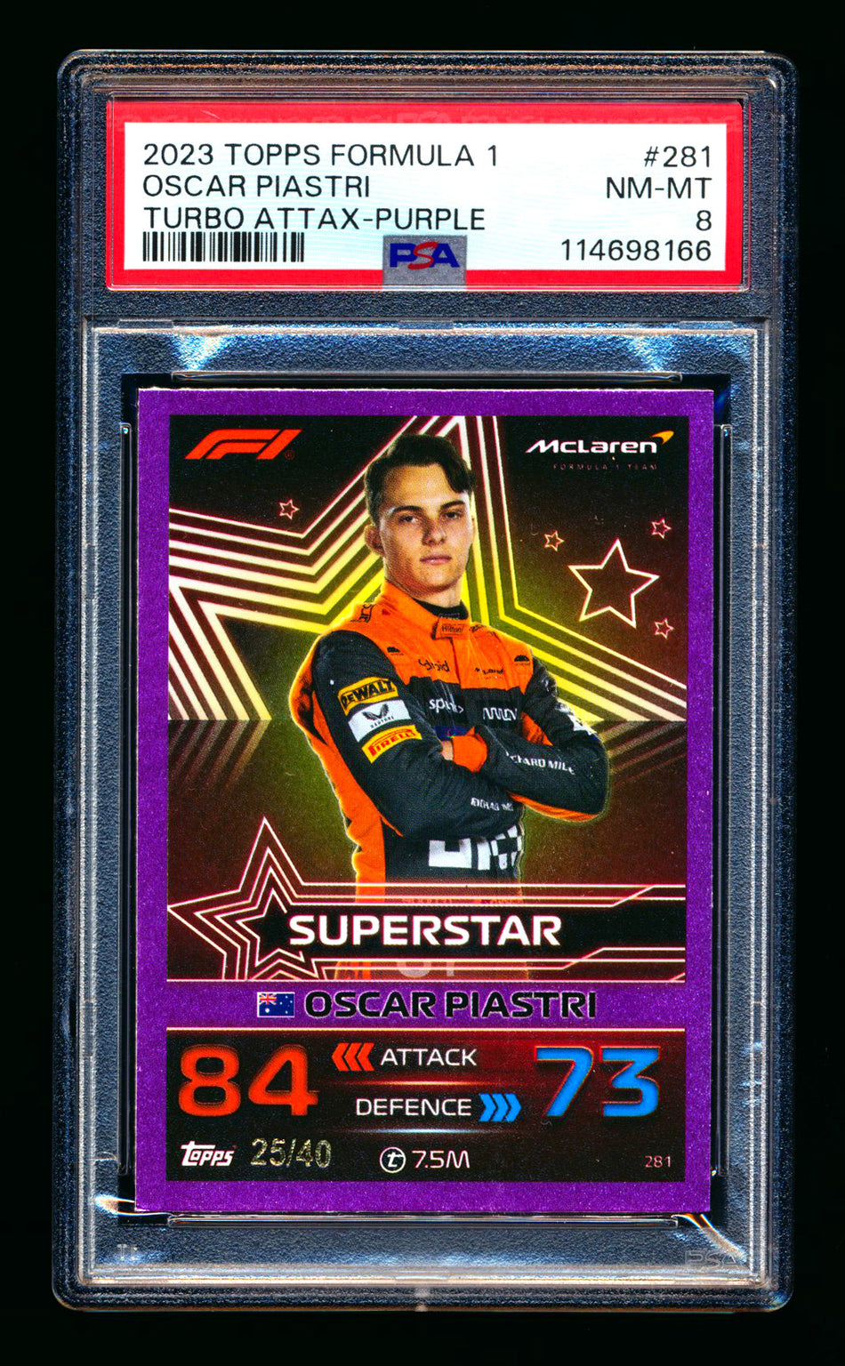 2023 Topps F1 Turbo Attax Superstar #281 Oscar Piastri RC Purple Foil #25/40 PSA 8