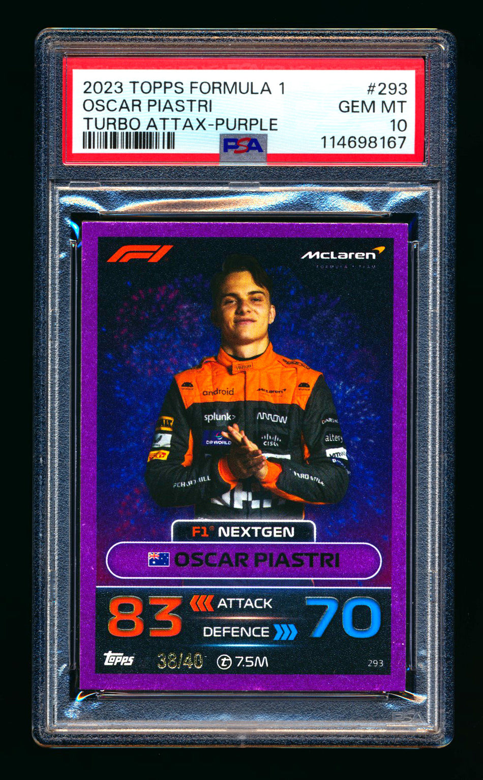 2023 Topps F1 Turbo Attax NextGen #293 Oscar Piastri RC Purple Foil #38/40 PSA 10 - POP 1!