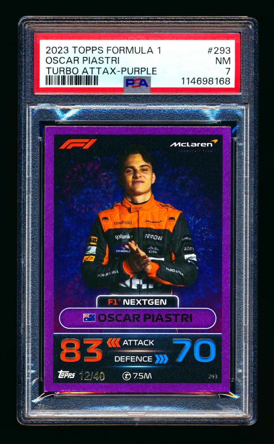 2023 Topps F1 Turbo Attax NextGen #293 Oscar Piastri RC Purple Foil #12/40 PSA 7