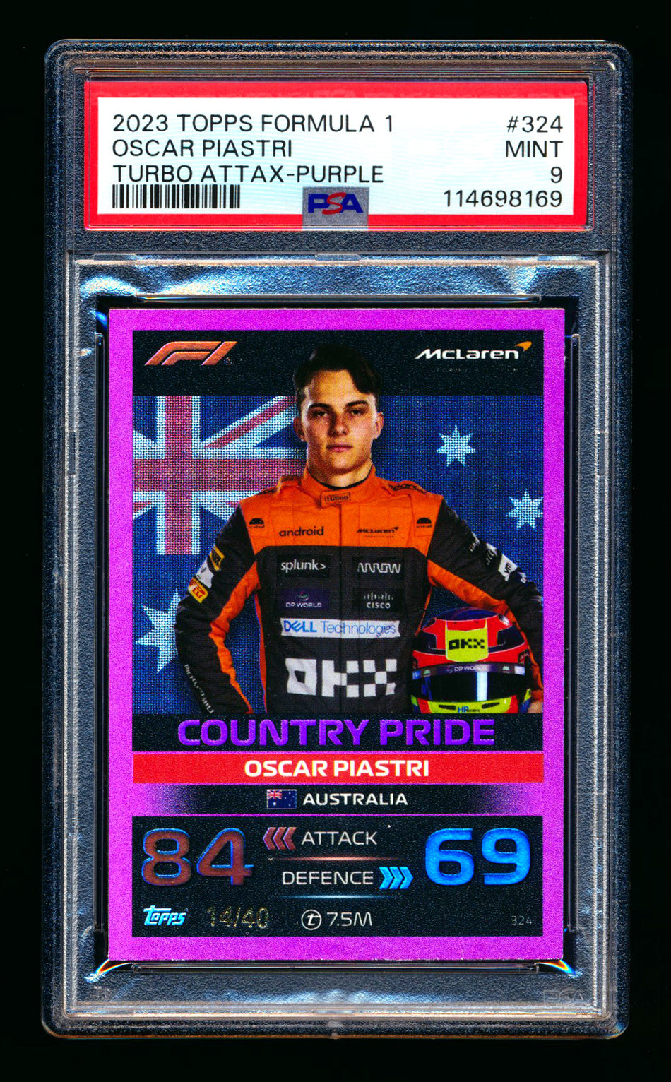 2023 Topps F1 Turbo Attax Country Pride #324 Oscar Piastri RC Purple Foil #14/40 PSA 9