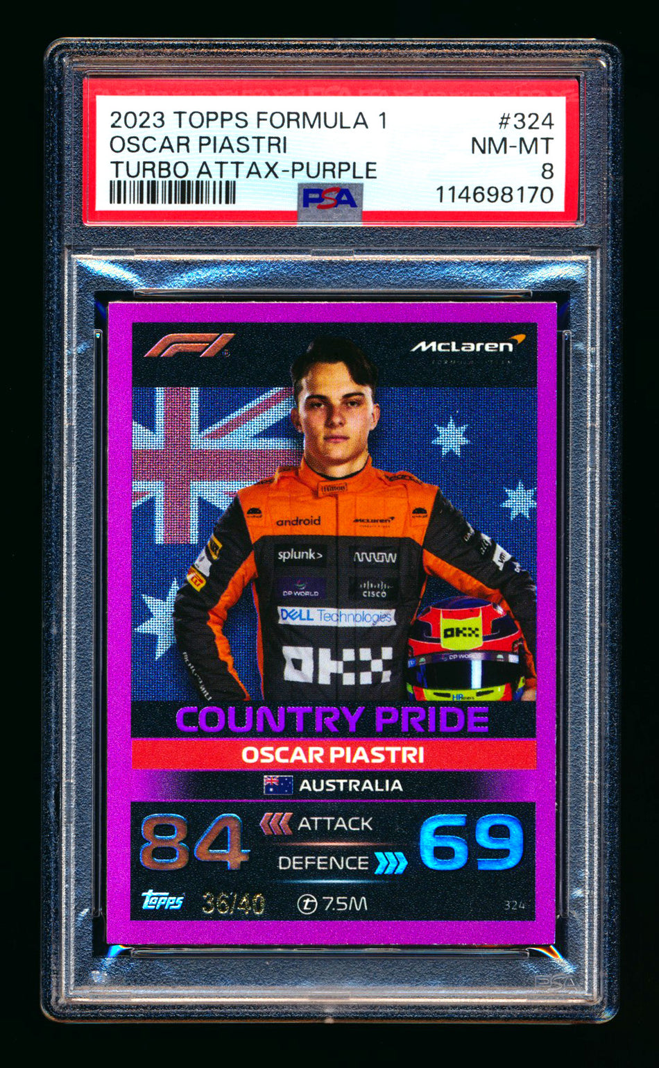 2023 Topps F1 Turbo Attax Country Pride #324 Oscar Piastri RC Purple Foil #36/40 PSA 8