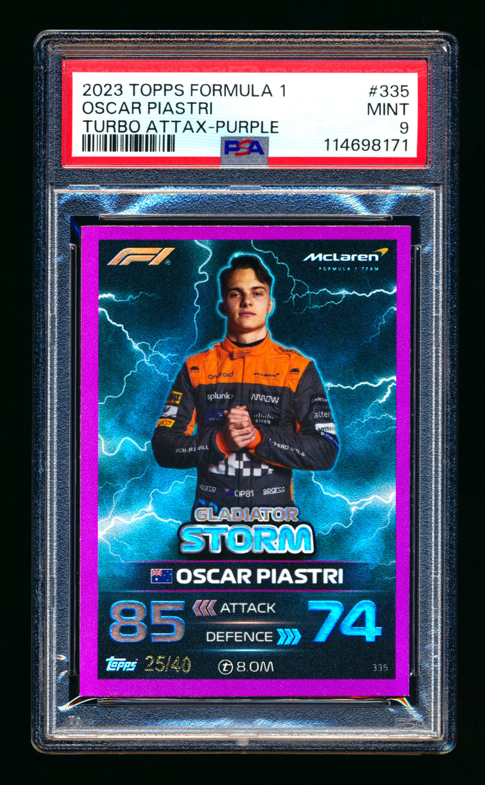 2023 Topps F1 Turbo Attax Gladiator Storm #335 Oscar Piastri RC Purple Foil #25/40 PSA 9