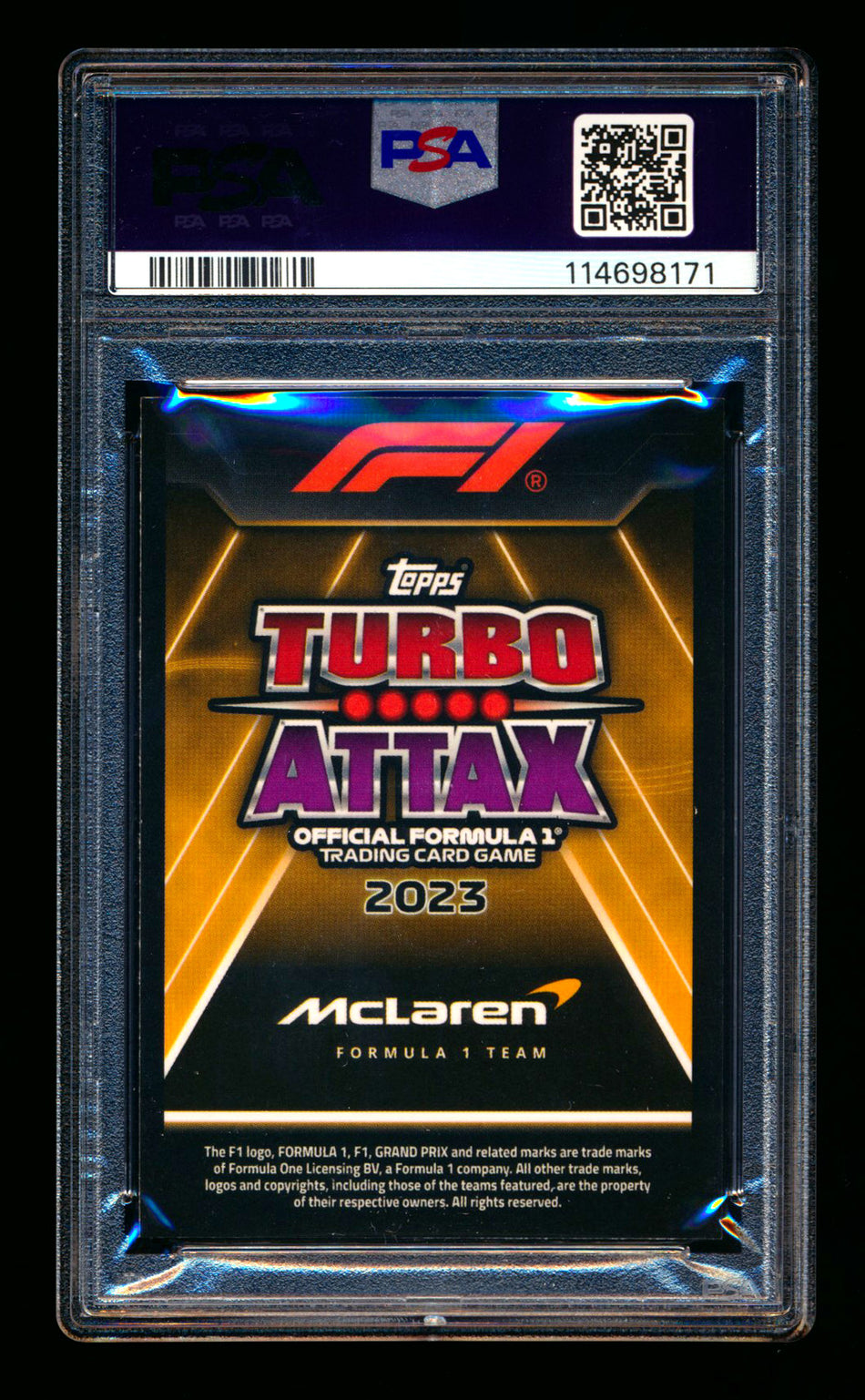 2023 Topps F1 Turbo Attax Gladiator Storm #335 Oscar Piastri RC Purple Foil #25/40 PSA 9