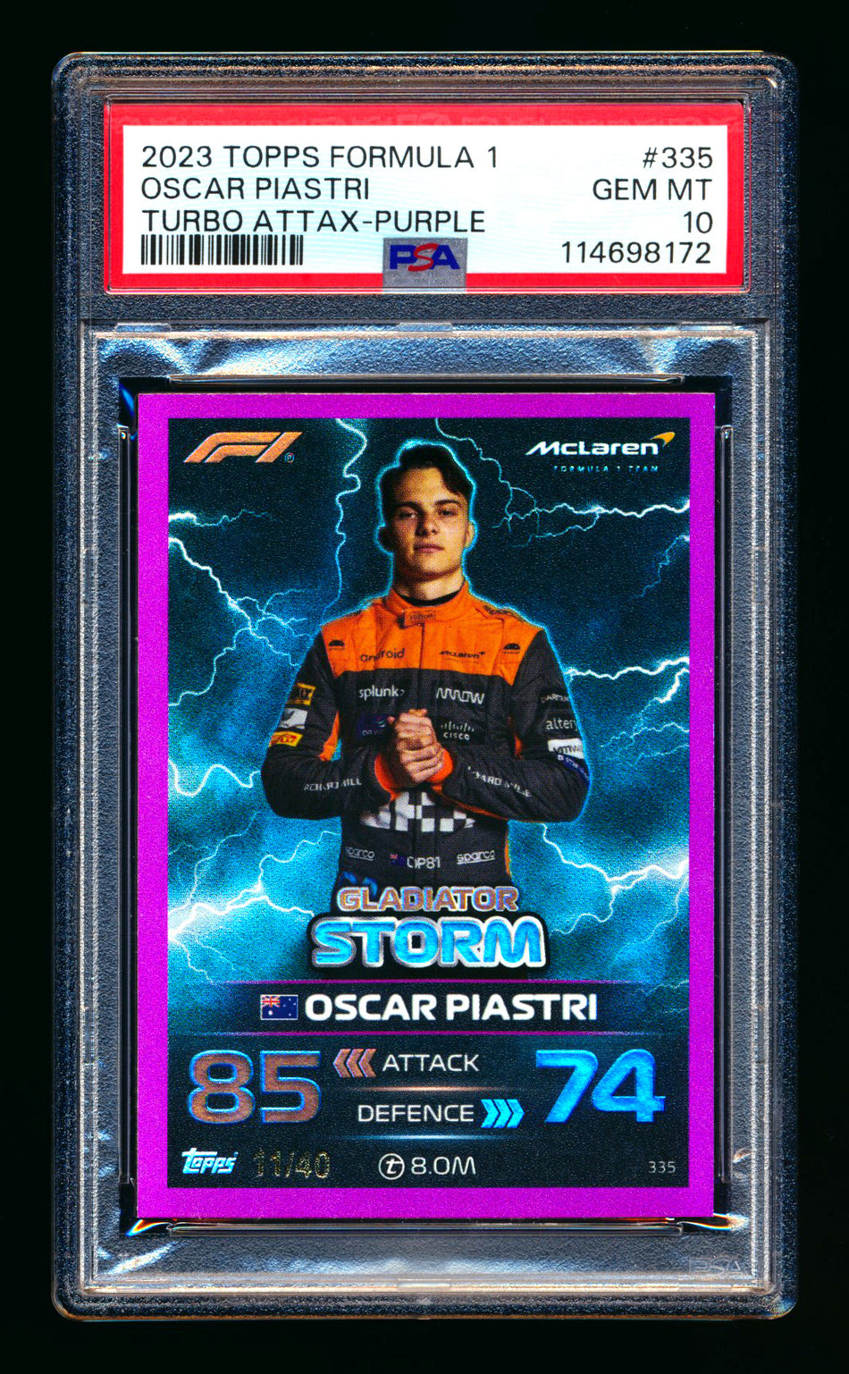 2023 Topps F1 Turbo Attax Gladiator Storm #335 Oscar Piastri RC Purple Foil #11/40 PSA 10 - POP 1!