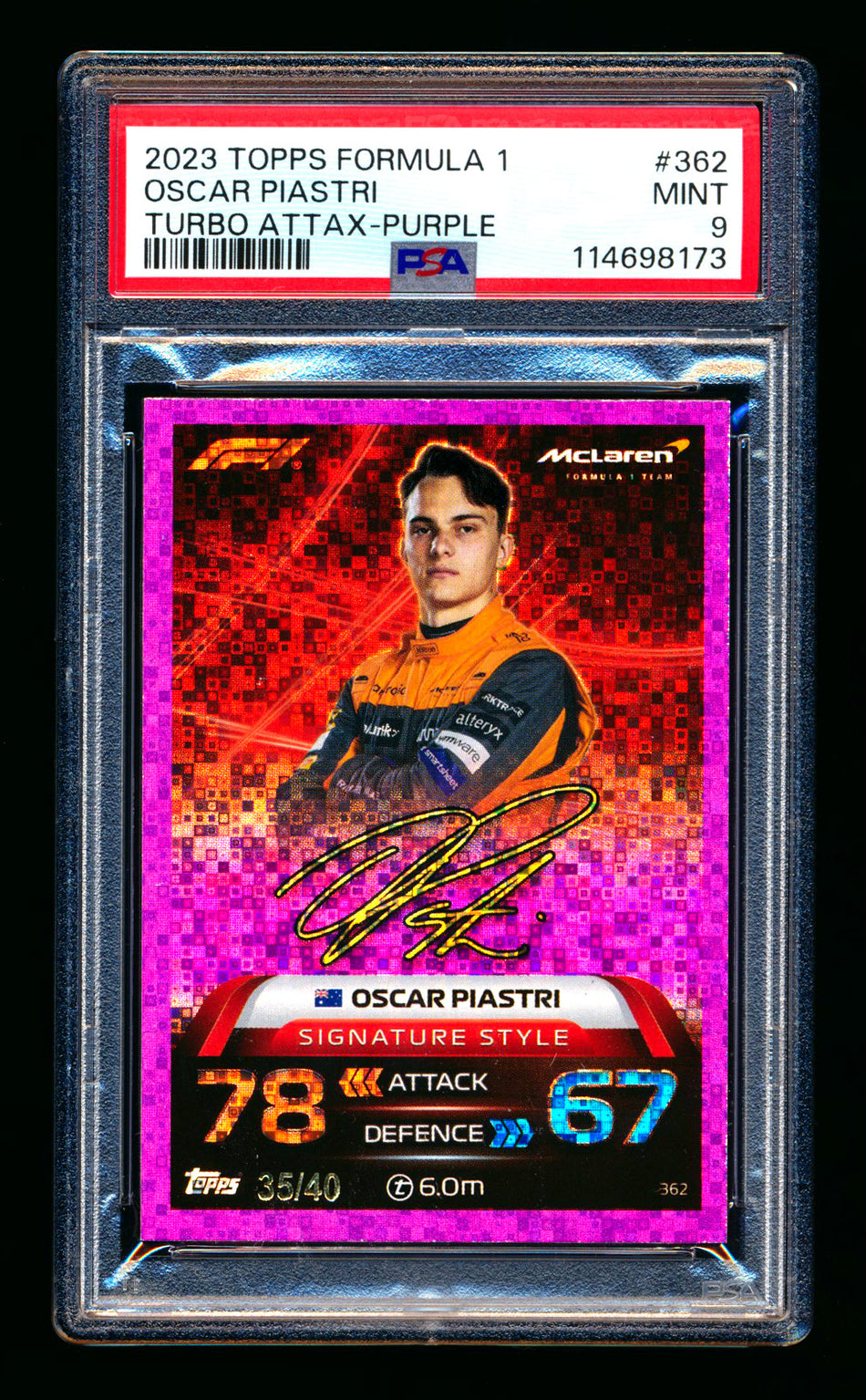 2023 Topps F1 Turbo Attax Signature Style #362 Oscar Piastri RC Purple Foil #35/40 PSA 9