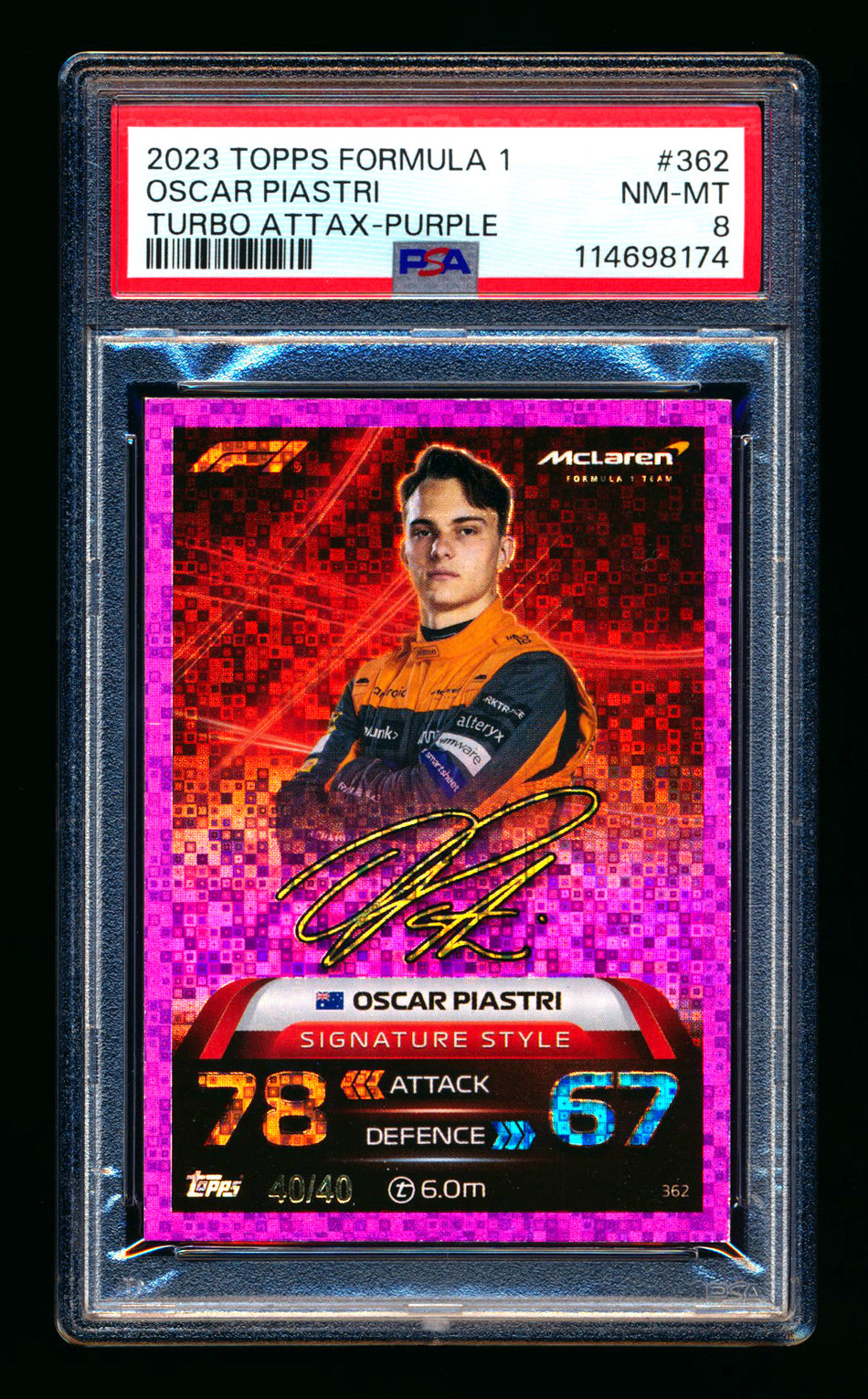 2023 Topps F1 Turbo Attax Signature Style #362 Oscar Piastri RC Purple Foil #40/40 PSA 8 (Last #!)