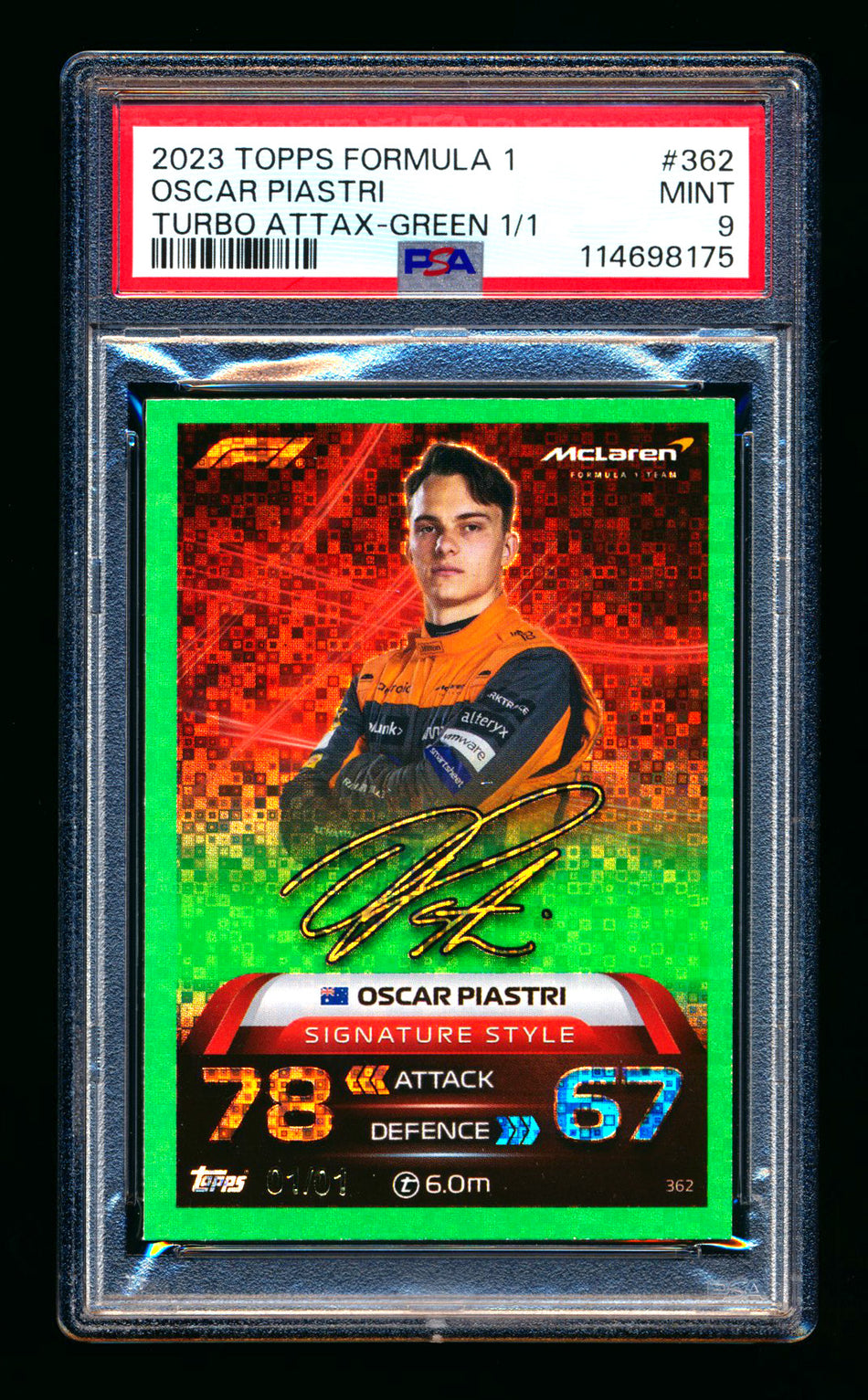 2023 Topps F1 Turbo Attax Signature Style #362 Oscar Piastri RC Green Foil #1/1 PSA 9