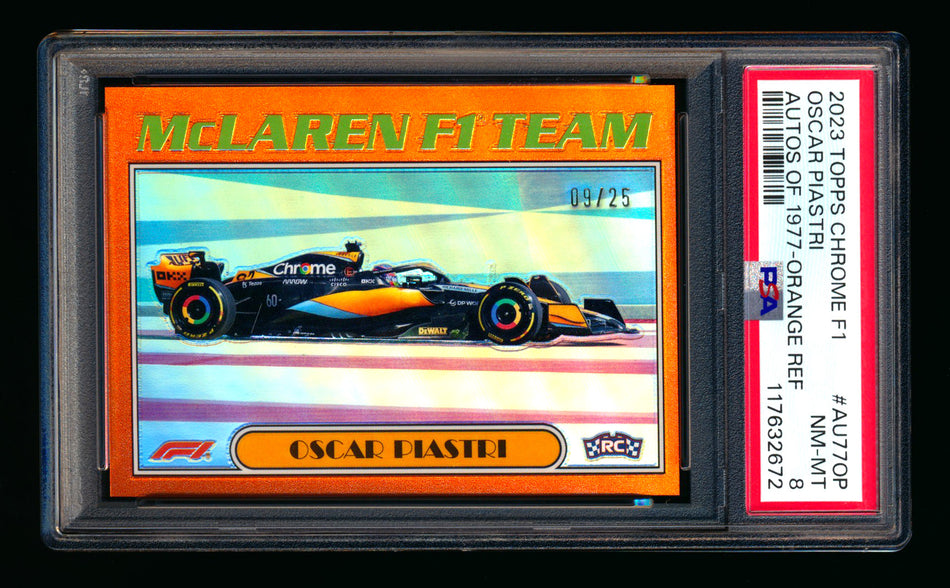 2023 Topps Chrome F1 Autos of 1977 #AU77-OP Oscar Piastri RC Orange Refractor #09/25 PSA 8