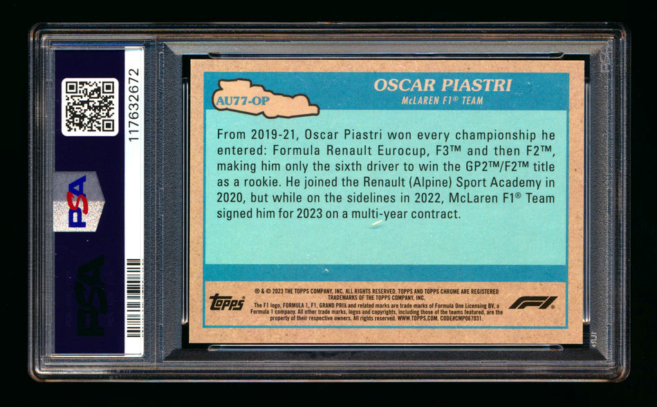2023 Topps Chrome F1 Autos of 1977 #AU77-OP Oscar Piastri RC Orange Refractor #09/25 PSA 8