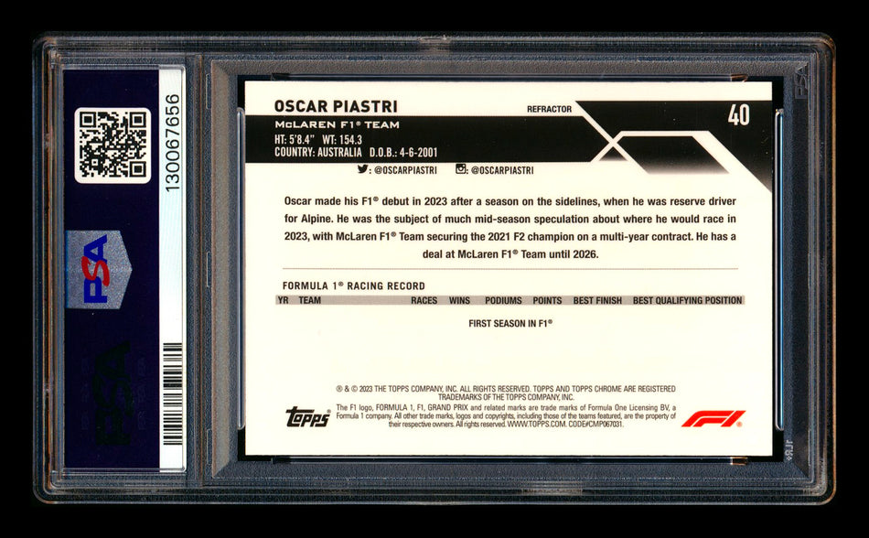 2023 Topps Chrome F1 #40 Oscar Piastri RC Refractor Portrait PSA 9