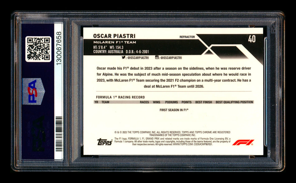2023 Topps Chrome F1 #40 Oscar Piastri RC Refractor Portrait PSA 9