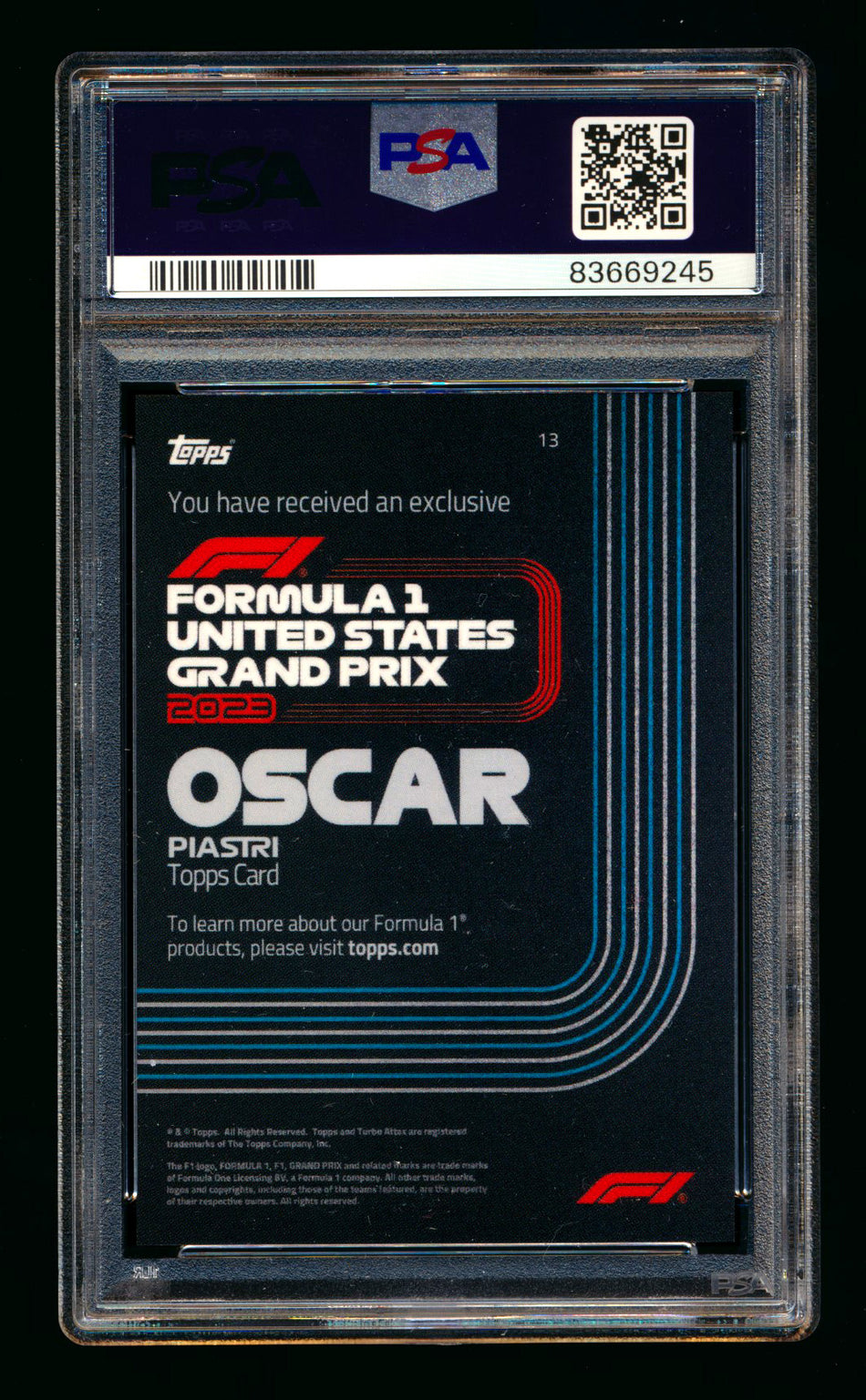 2023 Topps US Grand Prix F1 #13 Oscar Piastri RC PSA 10