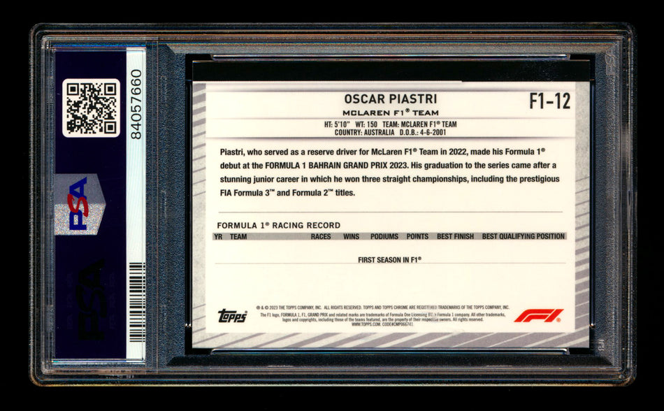2023 Topps Chrome NSCC F1 #F1-12 Oscar Piastri RC Refractor PSA 9 ** (SOLD - $349.00 - 5/23/2025) **
