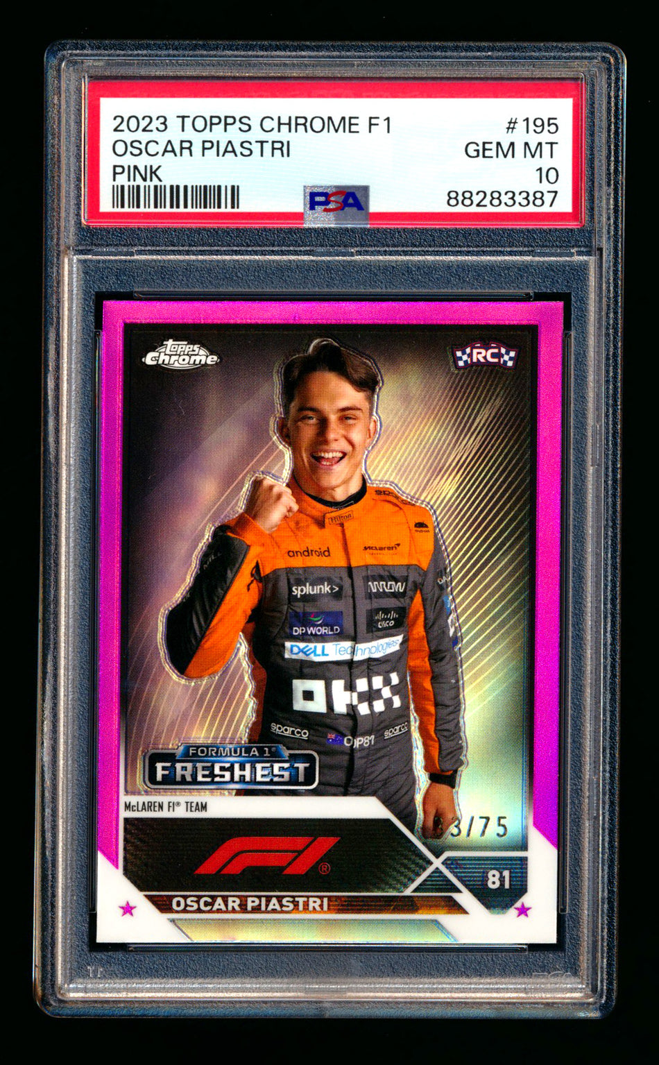 2023 Topps Chrome F1 #195 Oscar Piastri RC Pink Refractor #33/75 PSA 10 ** (SOLD eBay - $349.00 - 6/1/2025) **