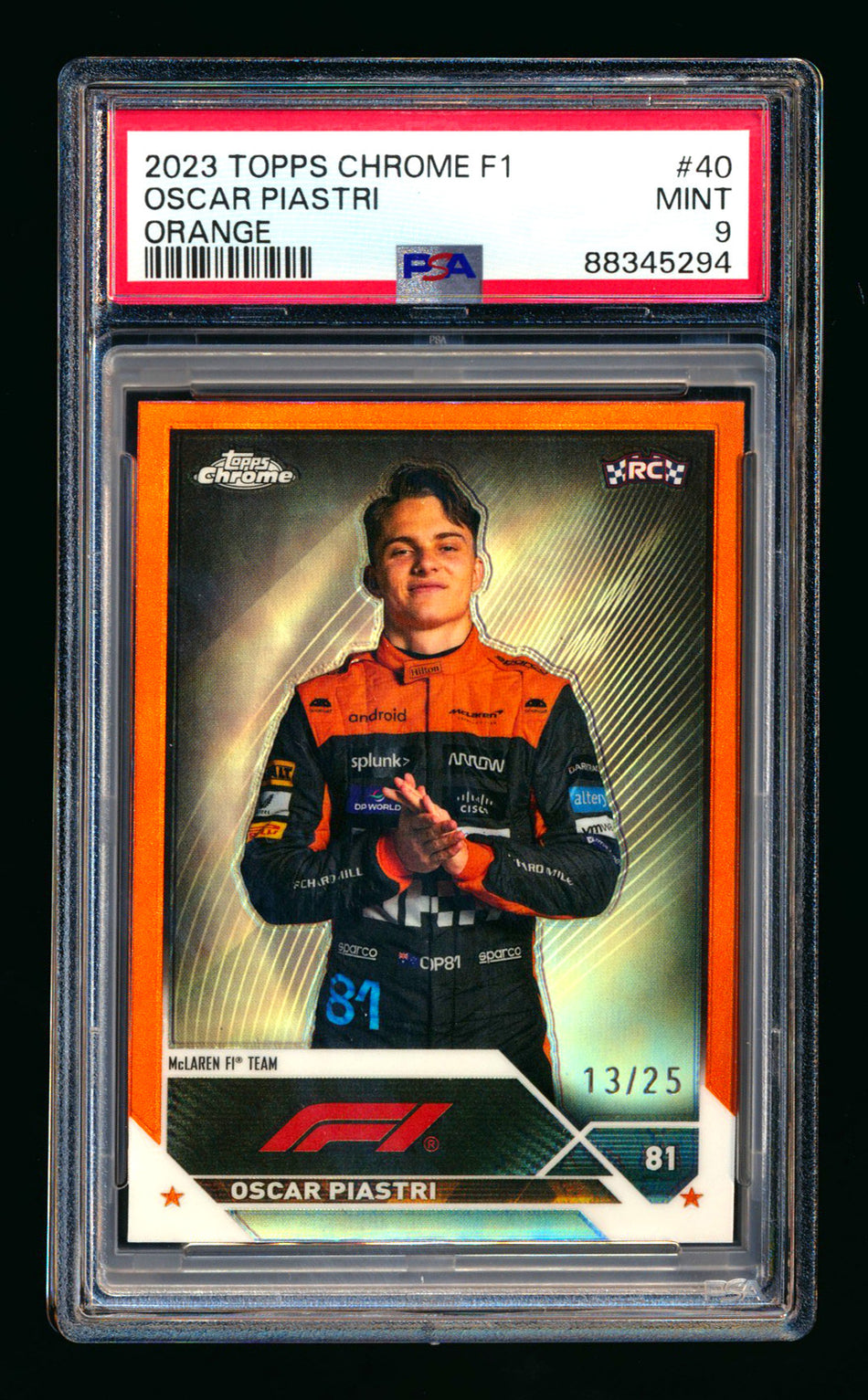 2023 Topps Chrome F1 #40 Oscar Piastri RC Orange Refractor Portrait #13/25 PSA 9