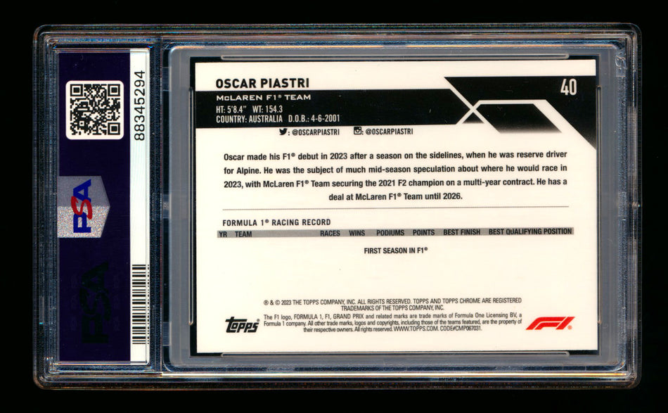 2023 Topps Chrome F1 #40 Oscar Piastri RC Orange Refractor Portrait #13/25 PSA 9