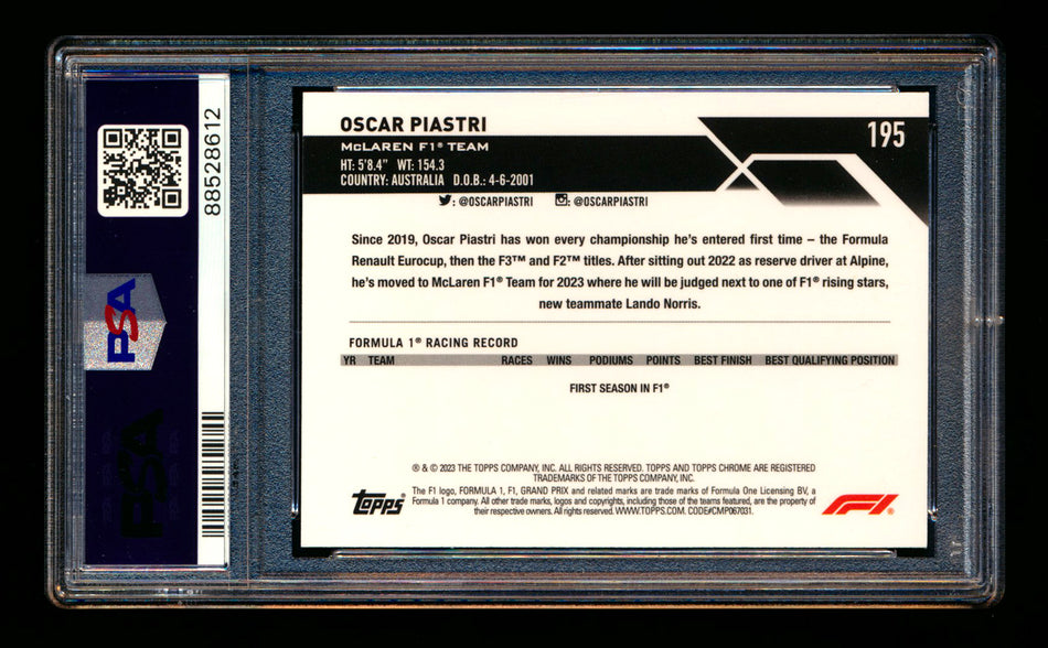 2023 Topps Chrome F1 #195 Oscar Piastri RC Freshest PSA 10 ** (SOLD eBay - $79.00 - 6/12/2025) **