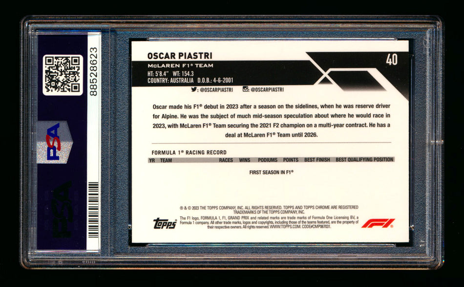 2023 Topps Chrome F1 #40 Oscar Piastri RC Portrait PSA 10 ** (SOLD Fanatics Fest - $129.00 - 6/20/2025) **