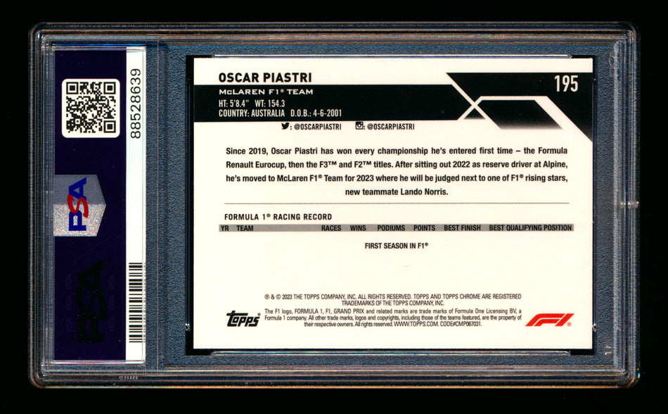 2023 Topps Chrome F1 #195 Oscar Piastri RC Freshest PSA 9 ** (SOLD eBay - $25.00 - 6/5/2025) **