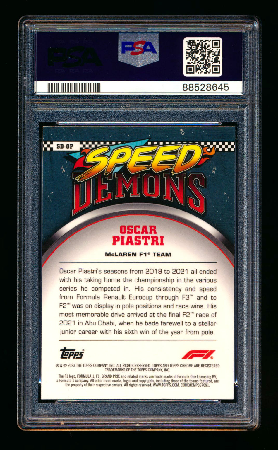 2023 Topps Chrome F1 Speed Demons #SD-OP Oscar Piastri RC Refractor PSA 9 ** (SOLD eBay - $35.00 - 7/1/2025) **