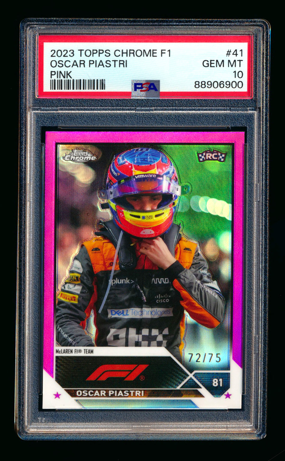 2023 Topps Chrome F1 #41 Oscar Piastri RC Pink Refractor #72/75 PSA 10