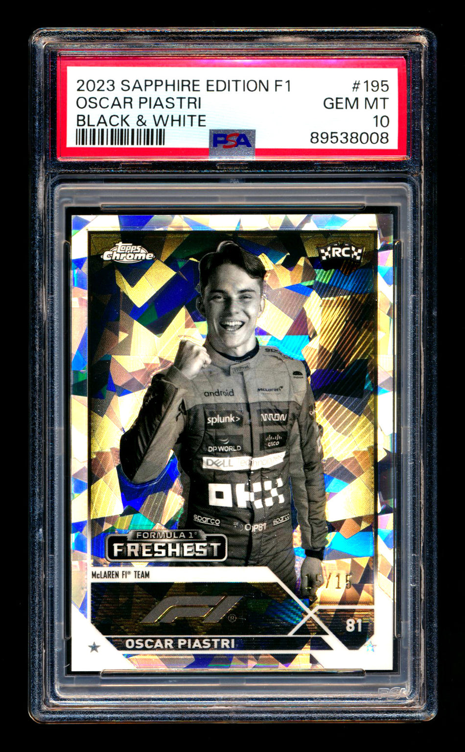 2023 Topps Chrome Sapphire F1 #195 Oscar Piastri RC Black & White Refractor #15/15 PSA 10 (Last #!) ** (SOLD eBay - $950.00 - 7/27/2025) **
