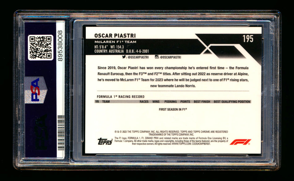 2023 Topps Chrome Sapphire F1 #195 Oscar Piastri RC Black & White Refractor #15/15 PSA 10 (Last #!) ** (SOLD eBay - $950.00 - 7/27/2025) **