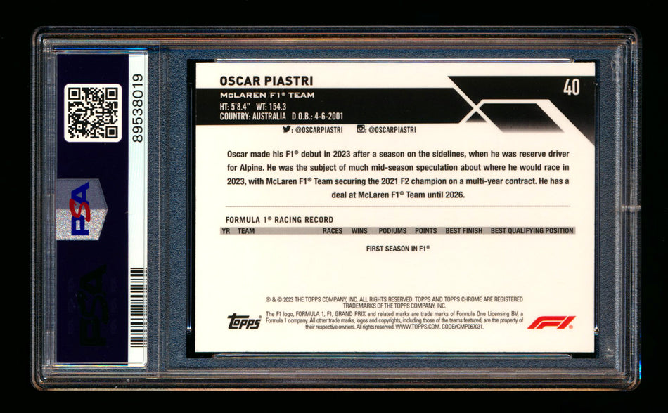 2023 Topps Chrome Sapphire F1 #40 Oscar Piastri RC Refractor Portrait PSA 9 ** (SOLD eBay - $79.00 - 7/1/2025) **