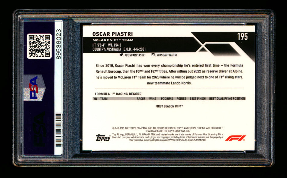 2023 Topps Chrome Sapphire F1 #195 Oscar Piastri RC Refractor PSA 9 ** (SOLD Fanatics Fest - $57.00 - 6/20/2025) **