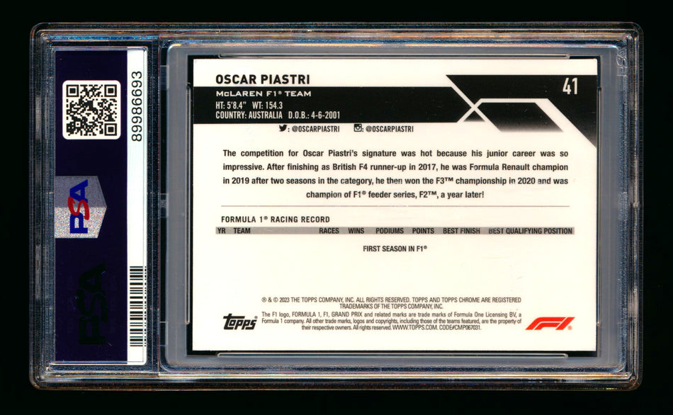 2023 Topps Chrome Sapphire F1 #41 Oscar Piastri RC Aqua Refractor #12/99 PSA 9 ** (SOLD Nationals - $170.00 - 7/31/2025) **