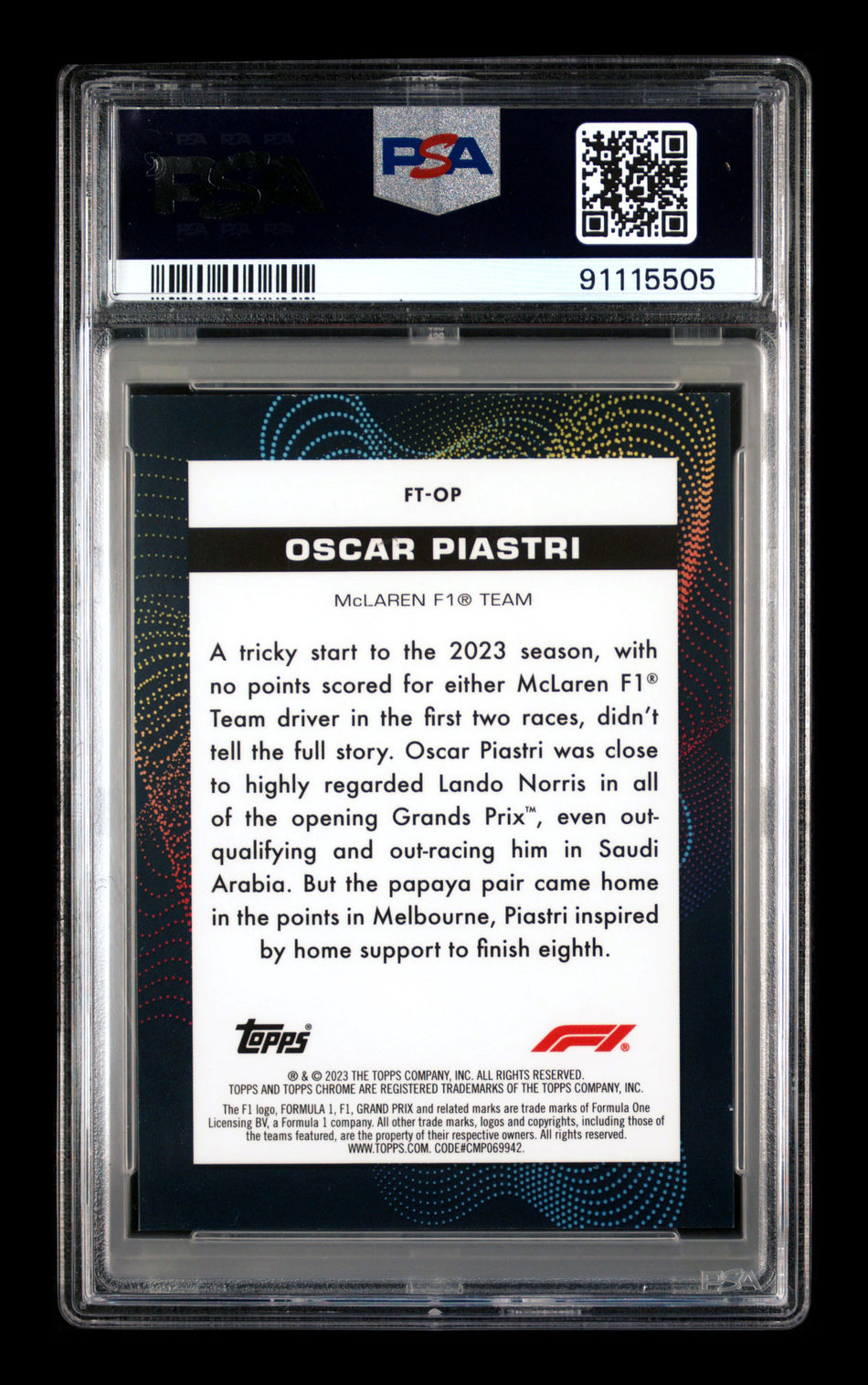 2023 Topps Chrome F1 Futuro #FT-OP Oscar Piastri RC Red Refractor #3/5 PSA 9 ** (SOLD Nationals - $4000.00 - 8/3/2025) **