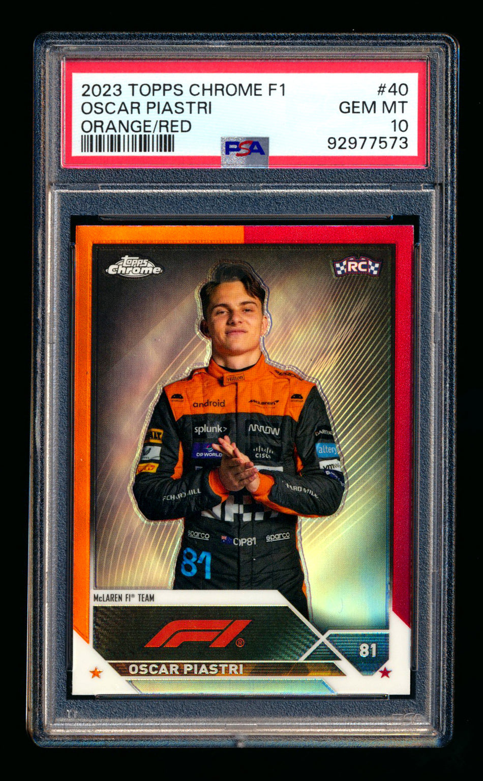 2023 Topps Chrome F1 #40 Oscar Piastri RC Orange/Red Refractor Portrait PSA 10 ** (SOLD eBay - $165.00 - 1/18/2025) **