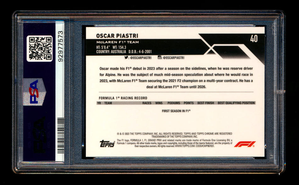 2023 Topps Chrome F1 #40 Oscar Piastri RC Orange/Red Refractor Portrait PSA 10 ** (SOLD eBay - $165.00 - 1/18/2025) **