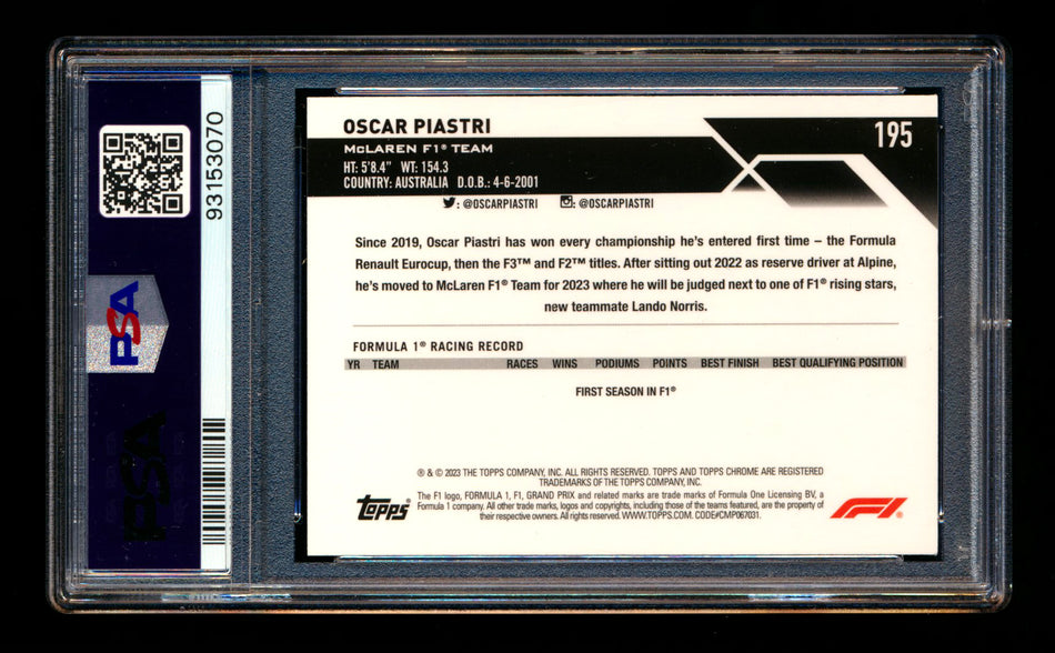 2023 Topps Chrome Sapphire F1 #195 Oscar Piastri RC Refractor PSA 9 ** (SOLD - $12.00 - 12/24/2024) **