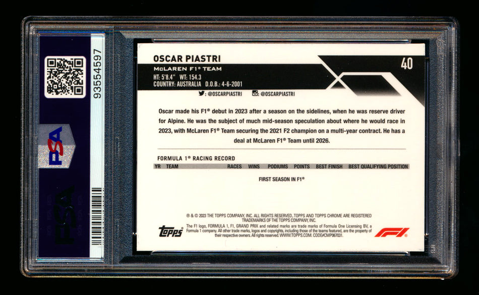 2023 Topps Chrome F1 #40 Oscar Piastri RC Mini Diamond Refractor Portrait #286/299 PSA 10 ** (SOLD eBay - $125.00 - 1/20/2025) **