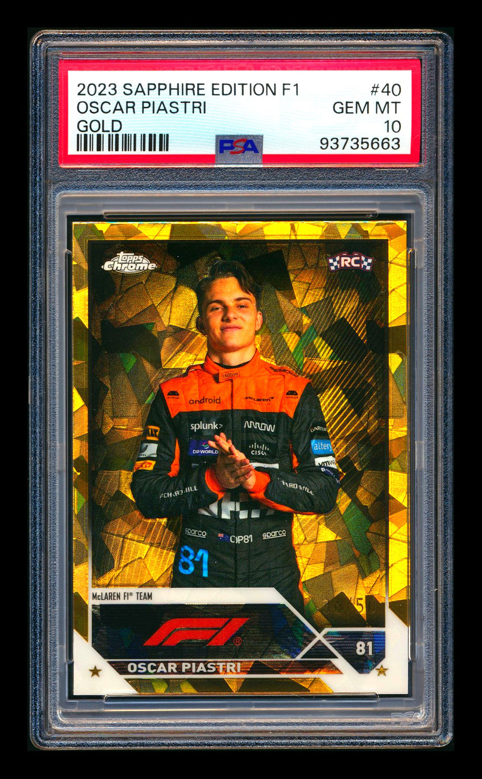 2023 Topps Chrome Sapphire F1 #40 Oscar Piastri RC Gold Refractor Portrait #36/50 PSA 10