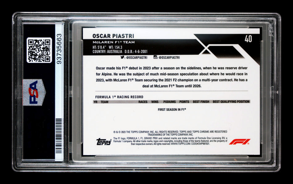 2023 Topps Chrome Sapphire F1 #40 Oscar Piastri RC Gold Refractor Portrait #36/50 PSA 10 ** (SOLD Nationals - $1800.00 - 8/3/2025) **