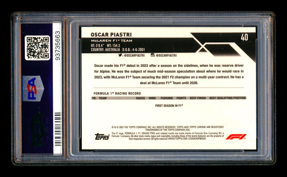 2023 Topps Chrome Sapphire F1 #40 Oscar Piastri RC Gold Refractor Portrait #36/50 PSA 10