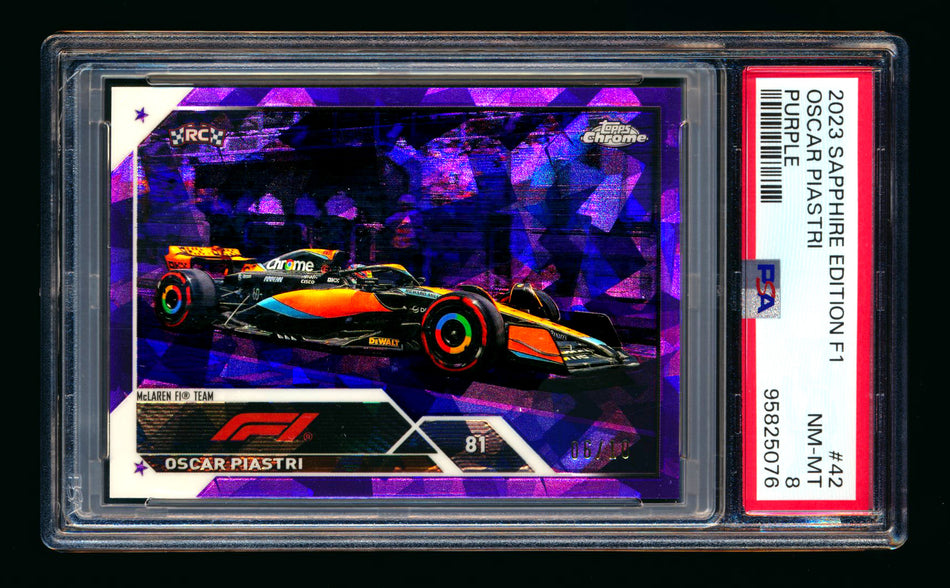 2023 Topps Chrome Sapphire F1 #42 Oscar Piastri RC Purple Refractor #06/10 PSA 8 ** (SOLD eBay - $125.00 - 1/18/2025) **
