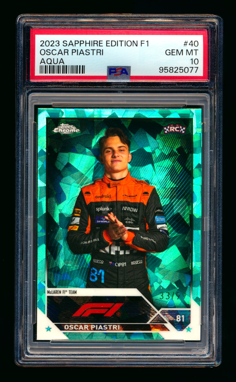 2023 Topps Chrome Sapphire F1 #40 Oscar Piastri RC Aqua Refractor Portrait #33/99 PSA 10