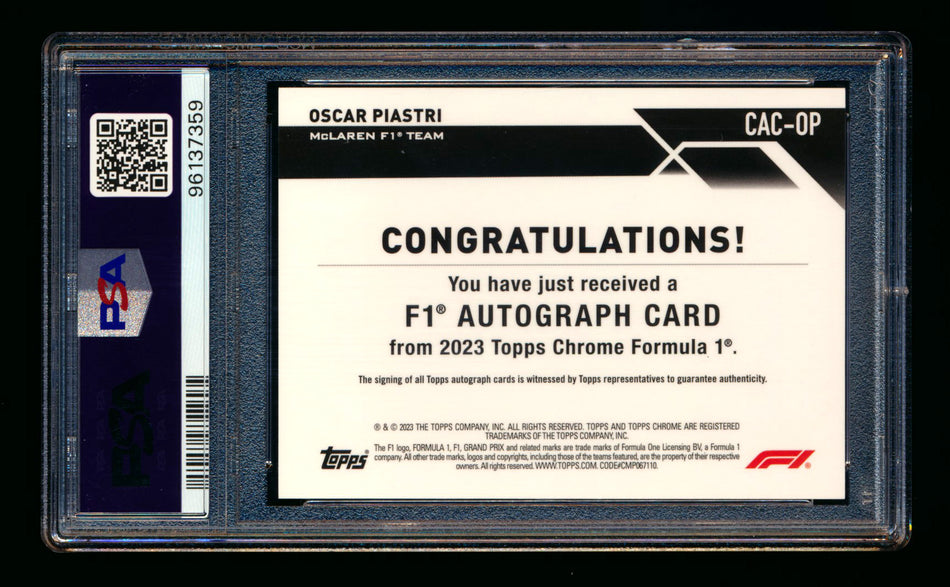 2023 Topps Chrome F1 #CAC-OP Oscar Piastri RC Refractor Autograph PSA 9 ** (SOLD - $549.00 - 12/6/2024) **