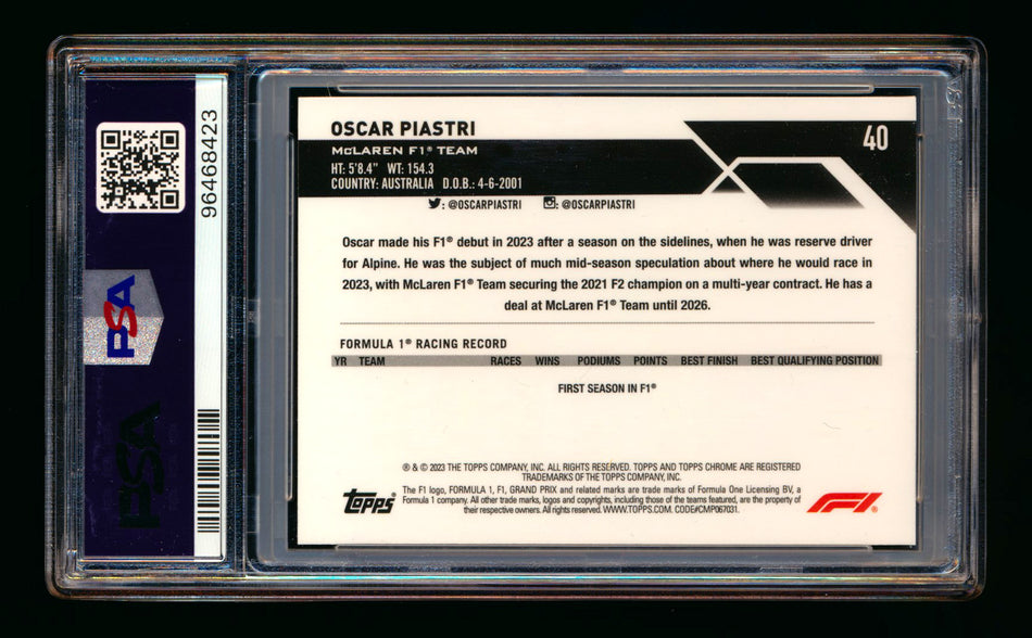2023 Topps Chrome F1 #40 Oscar Piastri RC Orange Refractor Portrait #10/25 PSA 10 - Low POP 3! ** (SOLD eBay - $1100.00 - 2/9/2025) **