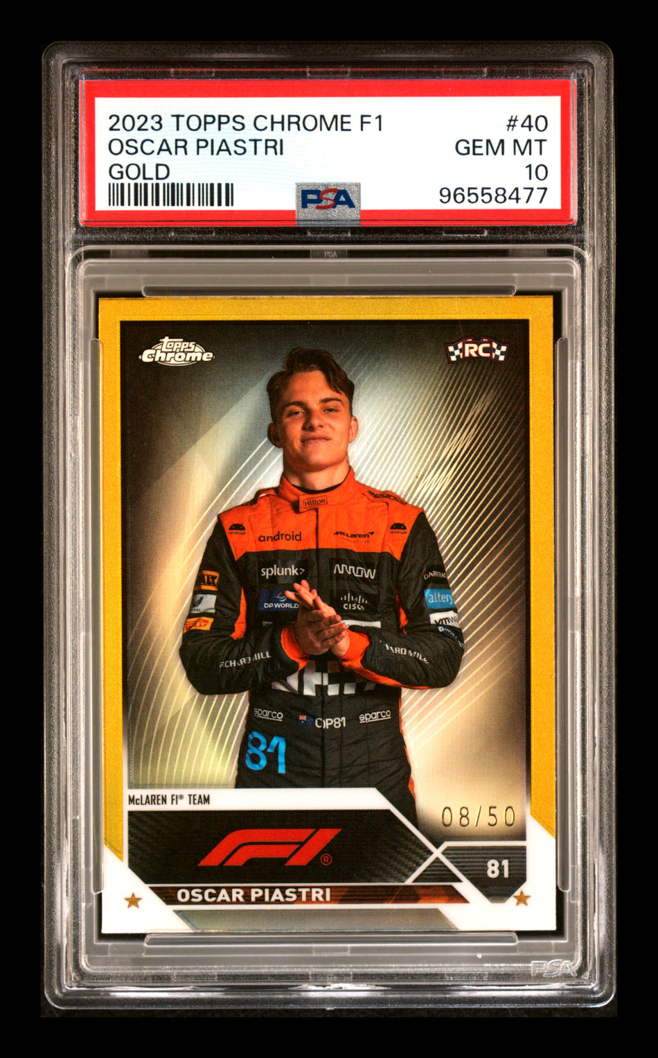 2023 Topps Chrome F1 #40 Oscar Piastri RC Gold Refractor Portrait #08/50 PSA 10 ** (SOLD Nationals - $1800.00 - 8/3/2025) **