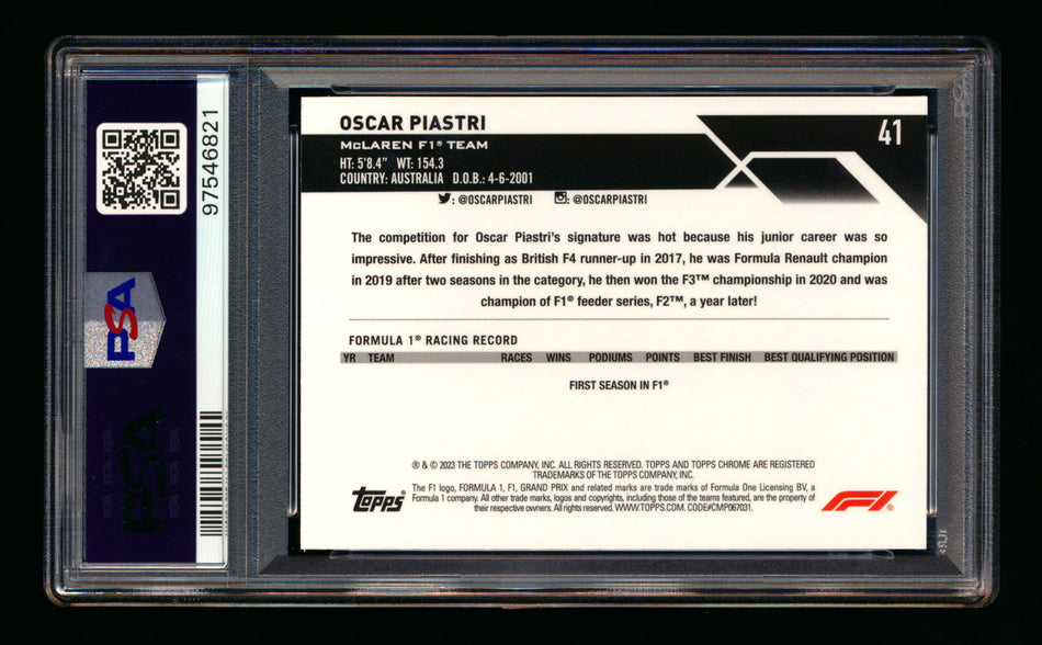 2023 Topps Chrome Sapphire F1 #41 Oscar Piastri RC Orange Refractor #03/25 PSA 9 ** (SOLD - $200.00 - 1/17/2025) **