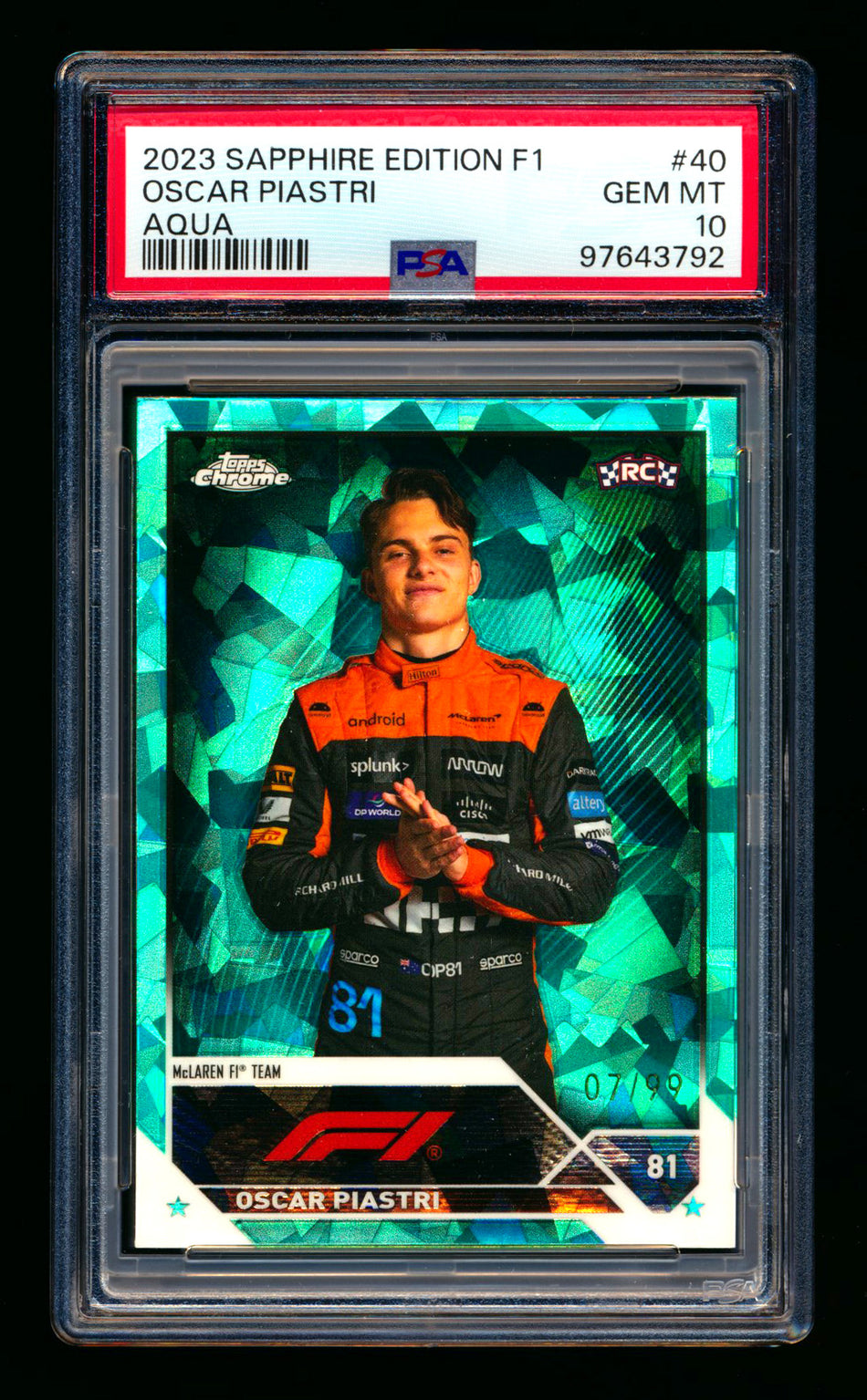 2023 Topps Chrome Sapphire F1 #40 Oscar Piastri RC Aqua Refractor Portrait #07/99 PSA 10