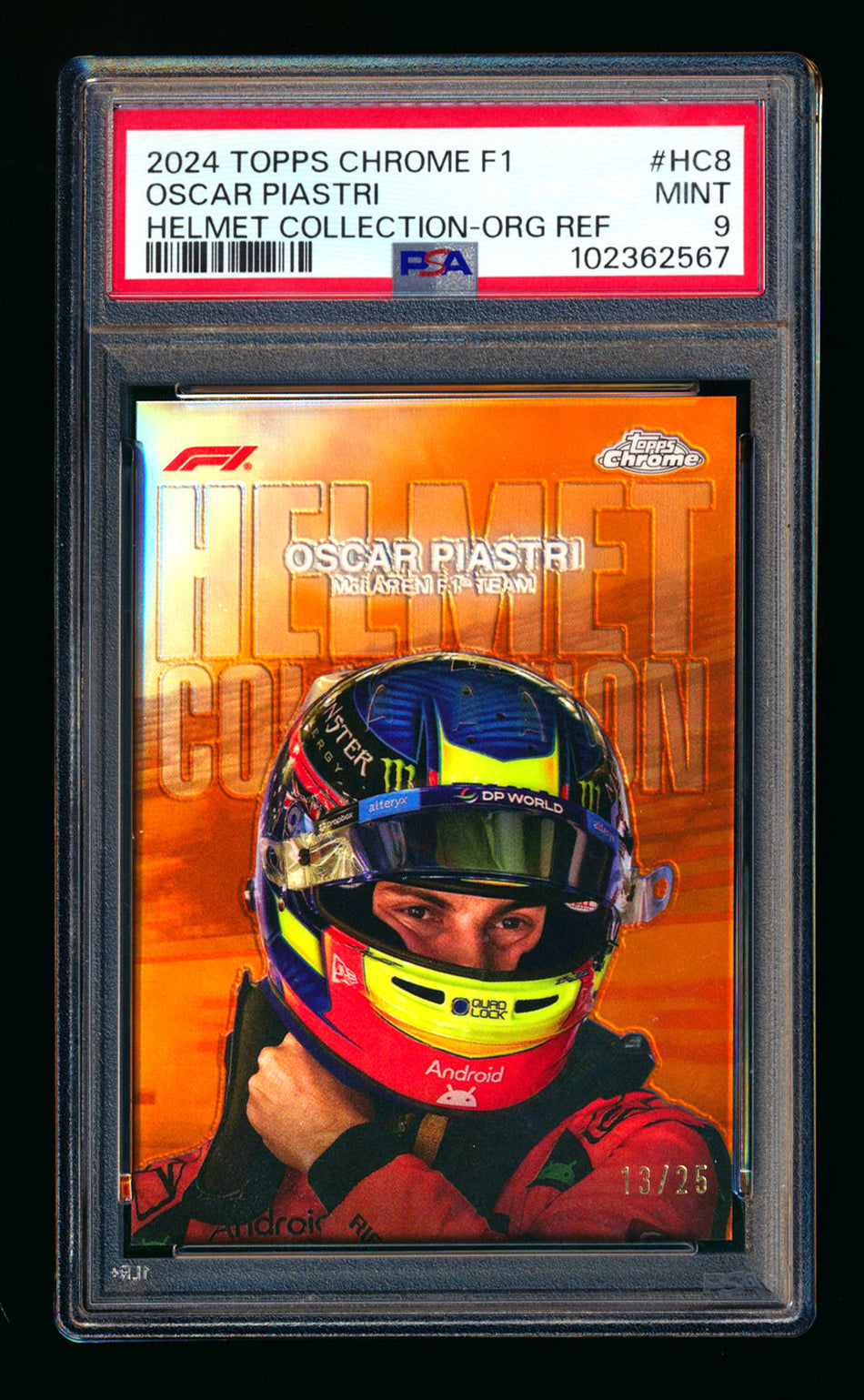 2024 Topps Chrome F1 Helmet Collection #HC-8 Oscar Piastri Orange Refractor #13/25 PSA 9