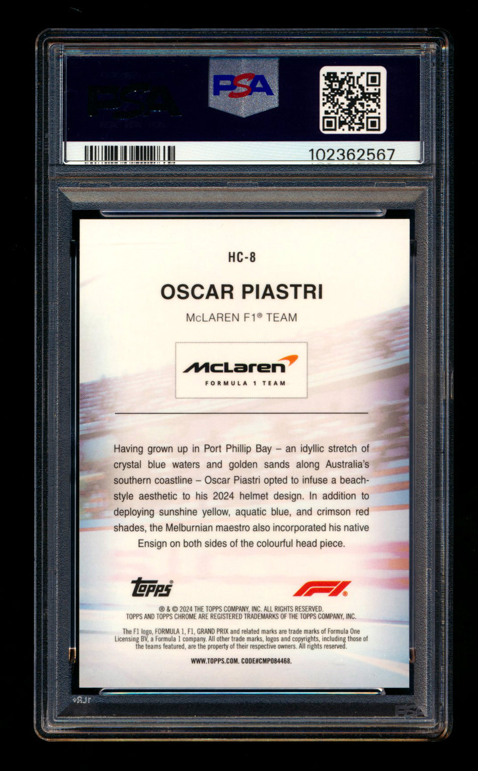 2024 Topps Chrome F1 Helmet Collection #HC-8 Oscar Piastri Orange Refractor #13/25 PSA 9